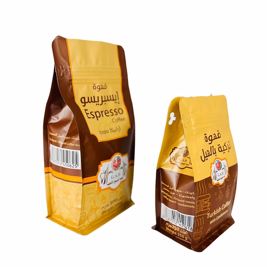 Personnalisez le sac à café en gros à huit côtés avec valve d'emballage debout et fermeture éclair à fond plat pour poudre de grains de café